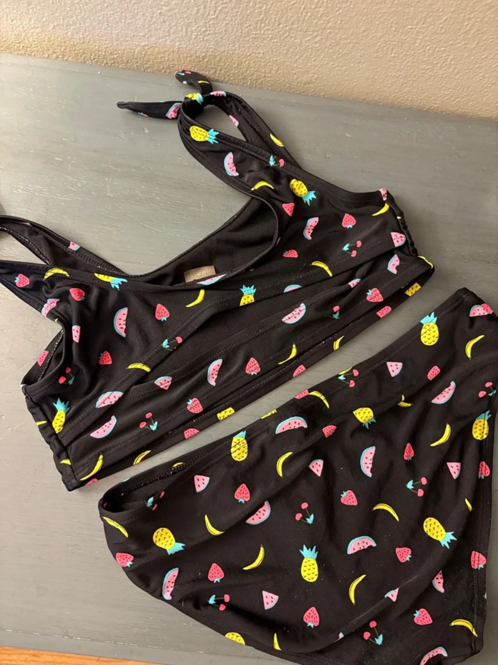 Old Navy Black Bikini Set with Fruit Detail Printed Tie-Shoulder Bikini sz Y XL